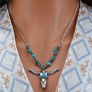 Turquoise Bead Longhorn Pendant Necklace - Women Jewelry